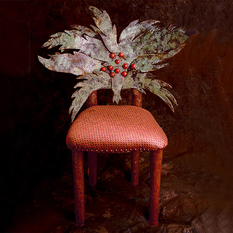 6L A custom ordered Palm chair mage with sidewalk grating, carriage bolts and steel scraps. This chair was requested to highlight the importance of salvage, recycling and cross use in art. A passion of Heathers that runs through her work.